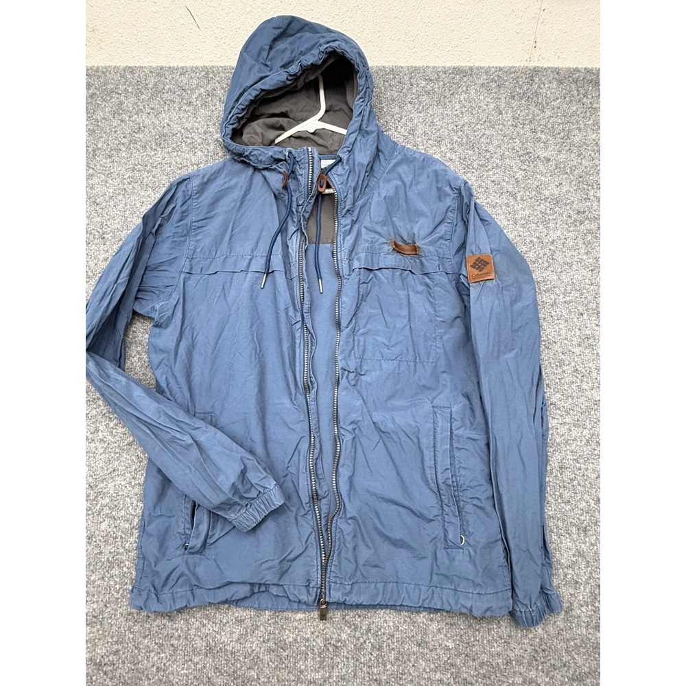 Columbia Mens Blue Hooded Full Zip Windbreaker Jacket Leather Logo Size M
